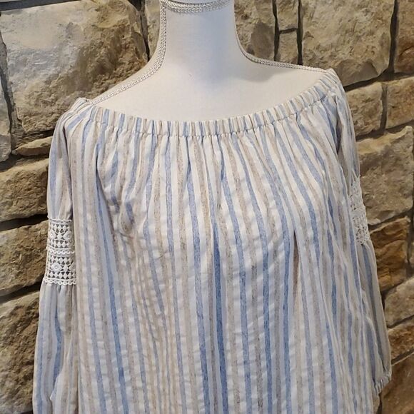 Freeway off shoulder dress blue tan stripe medium - Picture 2 of 5